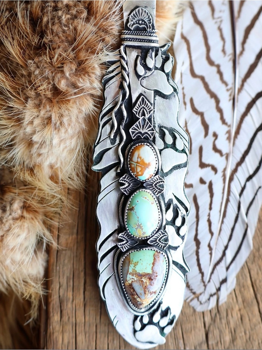 Skeleton Key Workshop - Handcrafted Turquoise Feather Pendant/Brim Slider